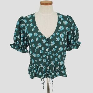 Outerknown Astral Floral Print Puff Sleeve Tie Waist V Neck Blouse Green Blue SP